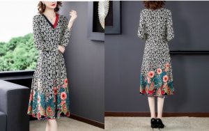 đầm họa tiết lá chân hoa cổ tim