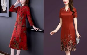 đầm lụa đỏ in hoa