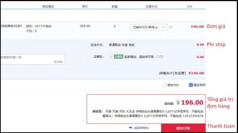thanh toán đơn hàng trên app order taobao